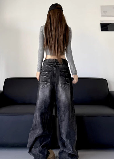 【W3】Crack Thunder Design Wide Silhouette Denim Pants  WO0098