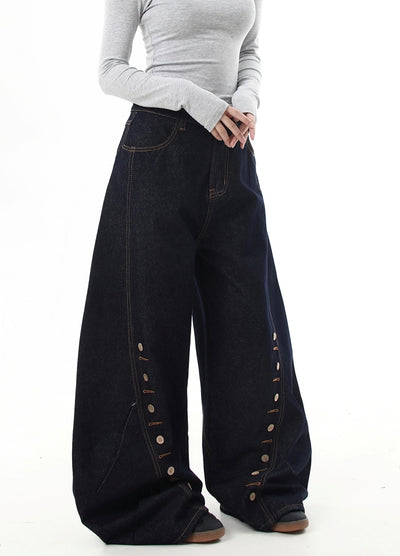 【Blacklists】Hem point button design balloon wide silhouette denim pants  BL0047