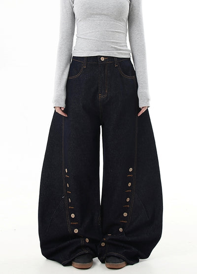 【Blacklists】Hem point button design balloon wide silhouette denim pants  BL0047