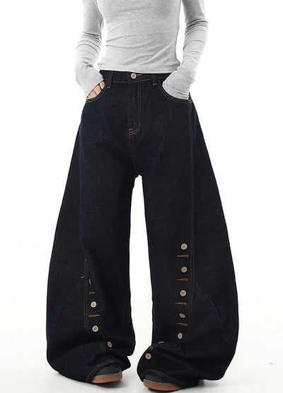 【Blacklists】Hem point button design balloon wide silhouette denim pants  BL0047