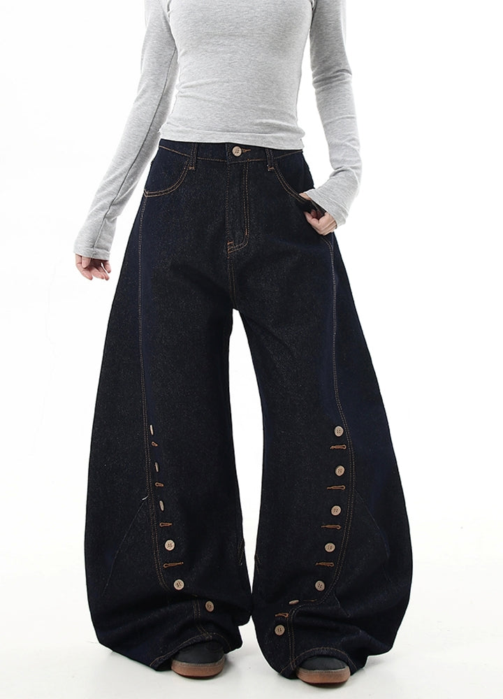 【Blacklists】Hem point button design balloon wide silhouette denim pants  BL0047