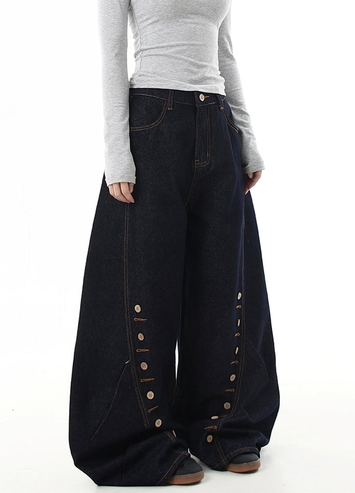 【Blacklists】Hem point button design balloon wide silhouette denim pants  BL0047