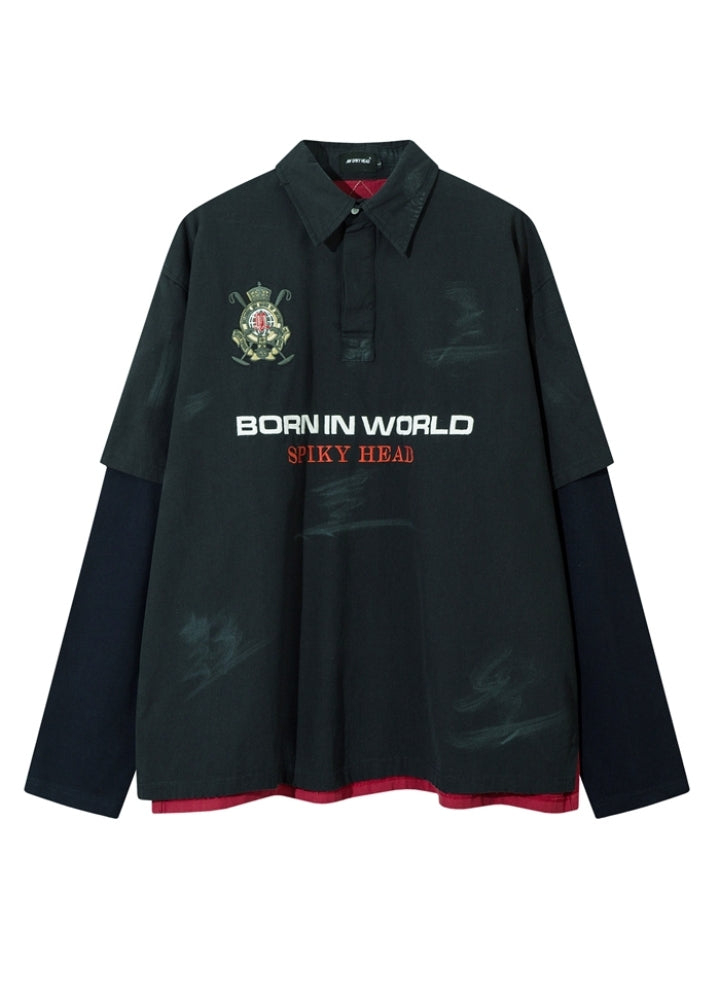 【W3】Sporty initial casual design mid-length random damage polo shirt  WO0095