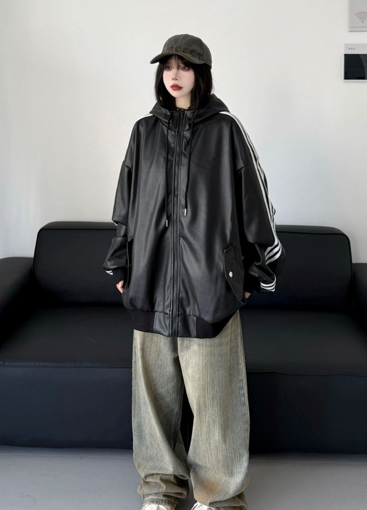 【W3】Sideline design monotone synthetic leather hoodie jacket  WO0093