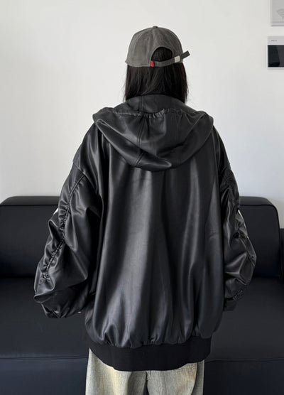 【W3】Sideline design monotone synthetic leather hoodie jacket  WO0093