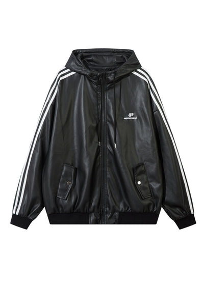 【W3】Sideline design monotone synthetic leather hoodie jacket  WO0093