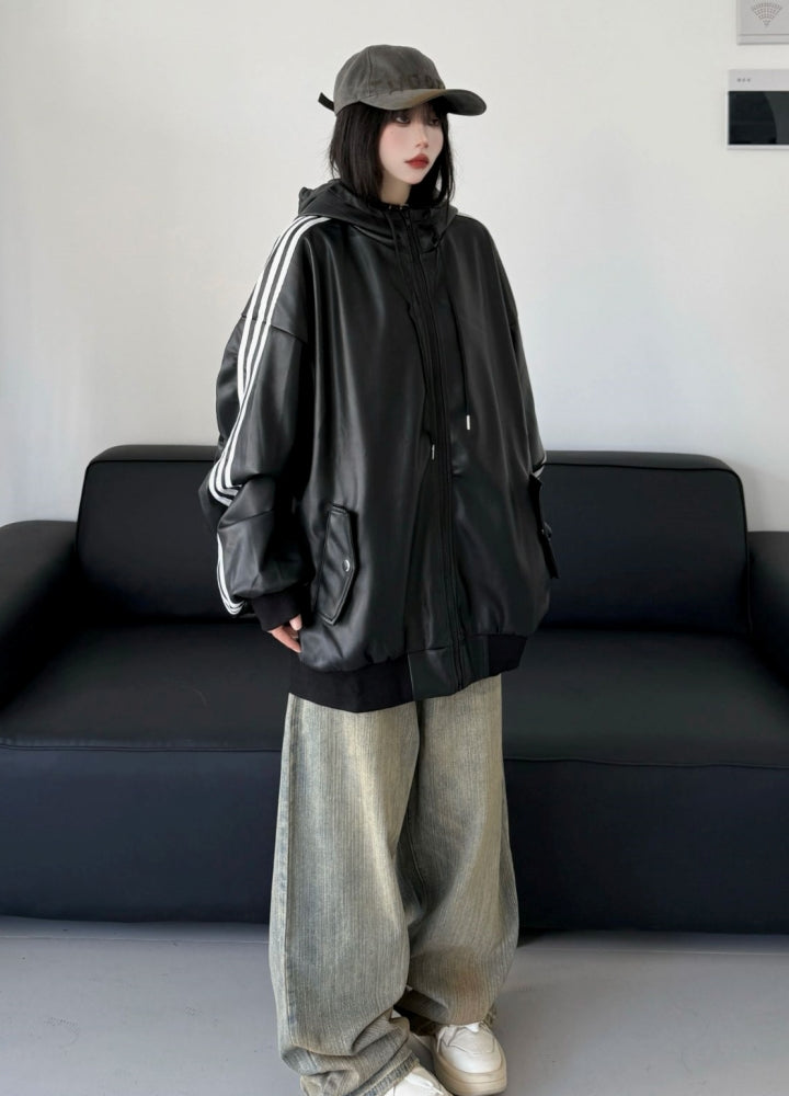 【W3】Sideline design monotone synthetic leather hoodie jacket  WO0093