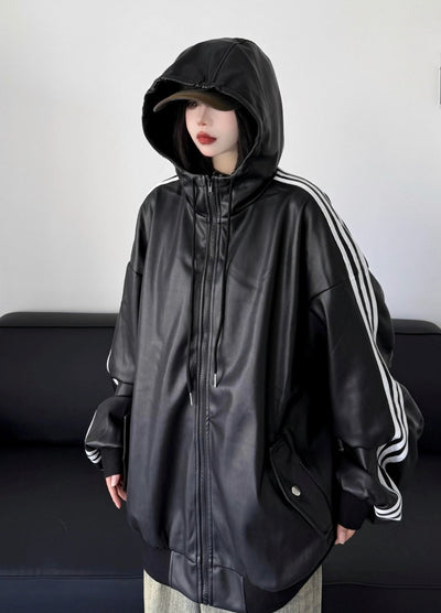 【W3】Sideline design monotone synthetic leather hoodie jacket  WO0093