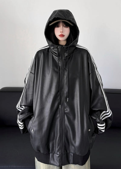 【W3】Sideline design monotone synthetic leather hoodie jacket  WO0093