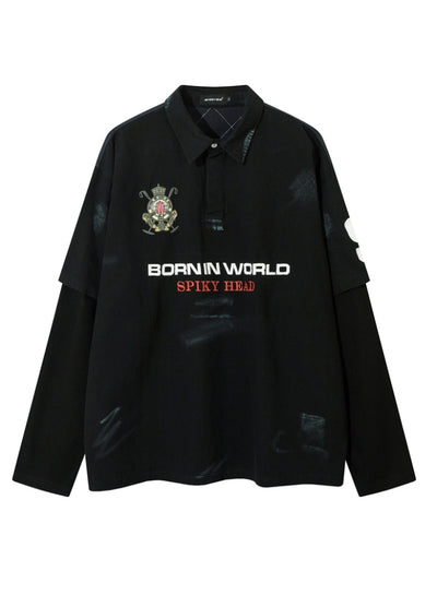 【W3】Sporty initial casual design mid-length random damage polo shirt  WO0095