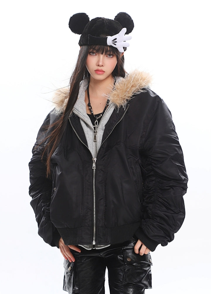 【UNCMHISEX】Fur hoodie Y2K double zip design jacket  UX0042