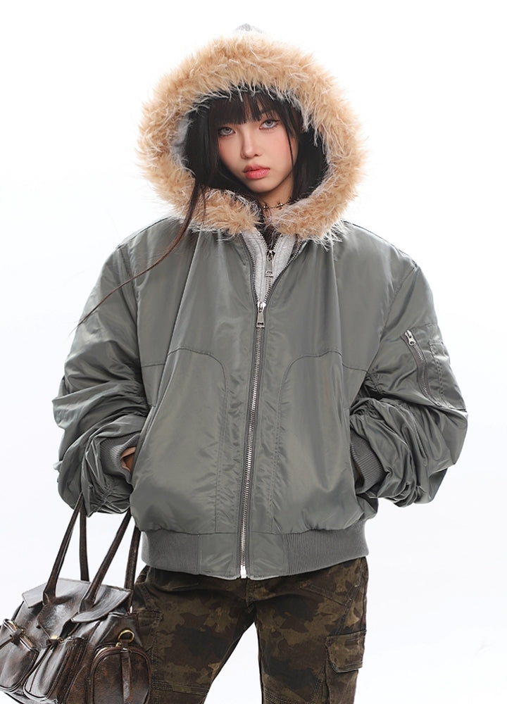 【UNCMHISEX】Fur hoodie Y2K double zip design jacket  UX0042