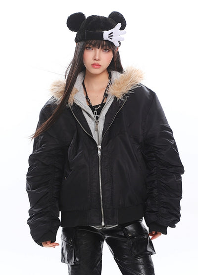 【UNCMHISEX】Fur hoodie Y2K double zip design jacket  UX0042