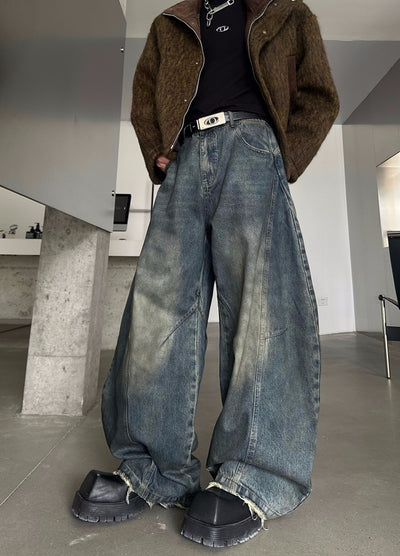 【MARTHENAUT】Double wash distressed vintage street wide denim pants  MH0066