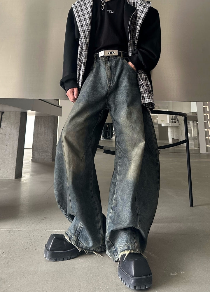 【MARTHENAUT】Double wash distressed vintage street wide denim pants  MH0066