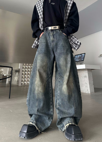 【MARTHENAUT】Double wash distressed vintage street wide denim pants  MH0066