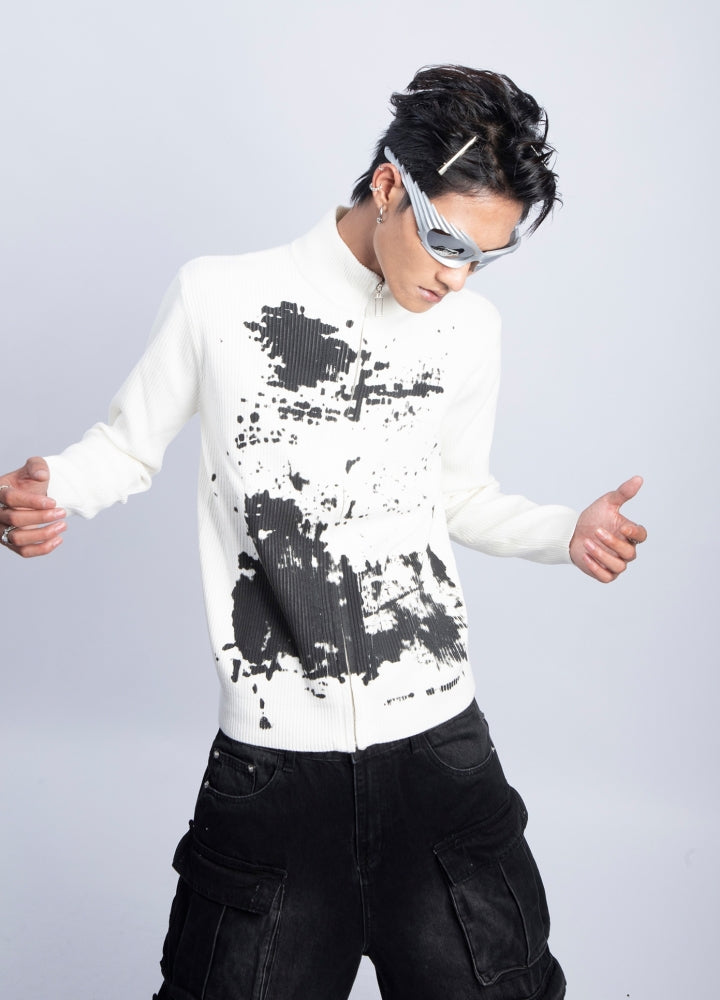 【PLAN1ONE】Front design full zip tight size mode long sleeve T-shirt  PL0055