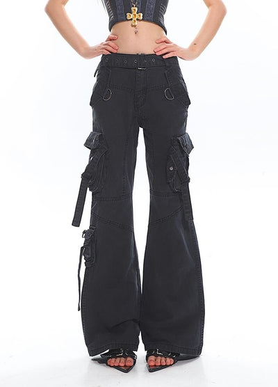 【UNCMHISEX】Multi-suspender design multiple cargo denim flare pants  UX0038