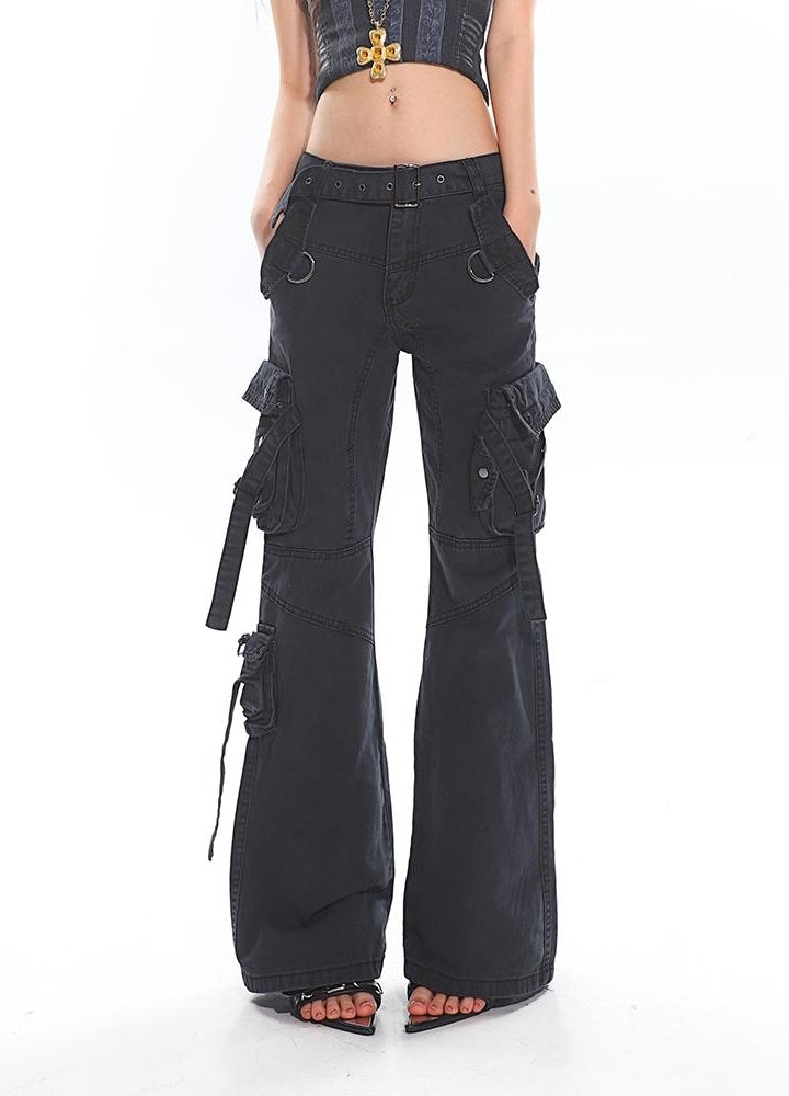 【UNCMHISEX】Multi-suspender design multiple cargo denim flare pants  UX0038