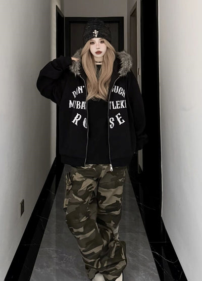 【W3】Fur hoodie design front illustration full zip jacket  WO0090