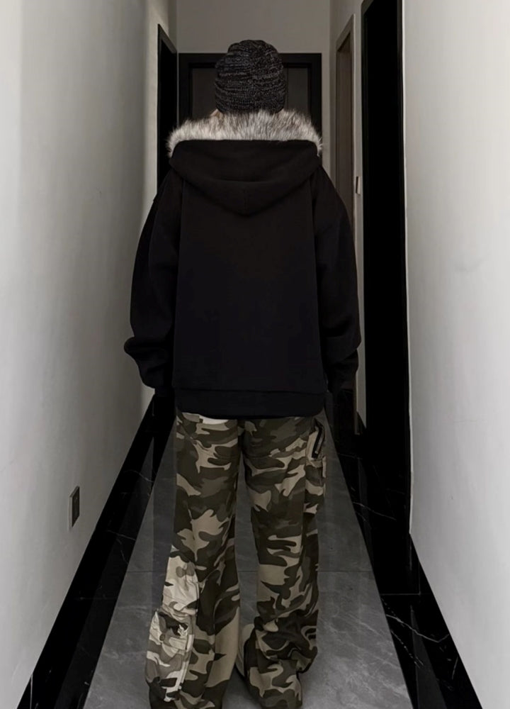 【W3】Fur hoodie design front illustration full zip jacket  WO0090