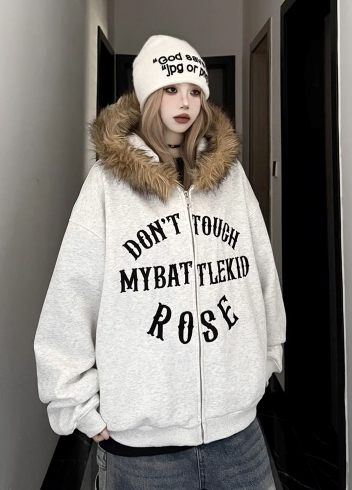 【W3】Fur hoodie design front illustration full zip jacket  WO0090