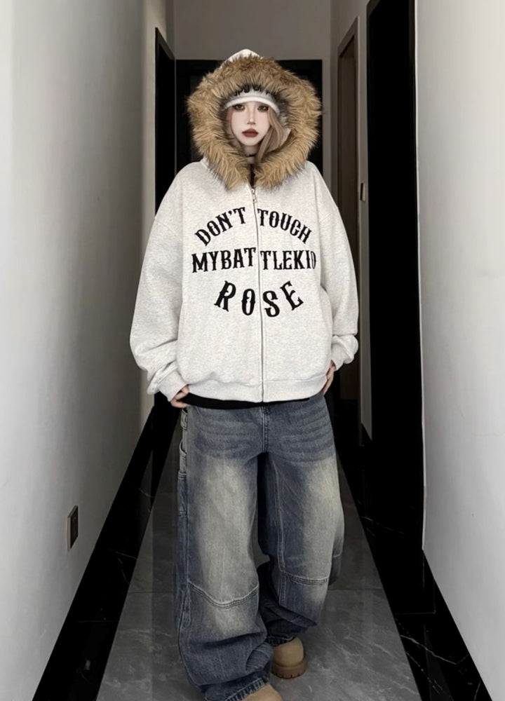 【W3】Fur hoodie design front illustration full zip jacket  WO0090