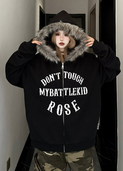 【W3】Fur hoodie design front illustration full zip jacket  WO0090