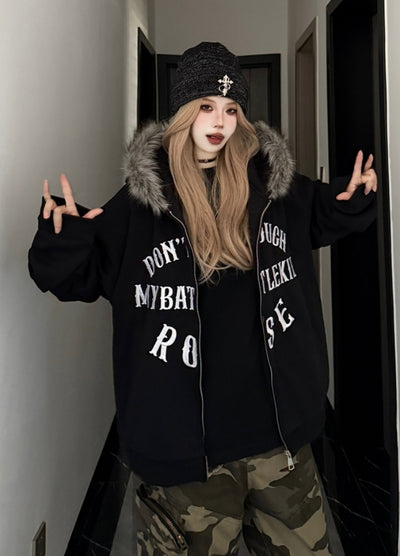 【W3】Fur hoodie design front illustration full zip jacket  WO0090