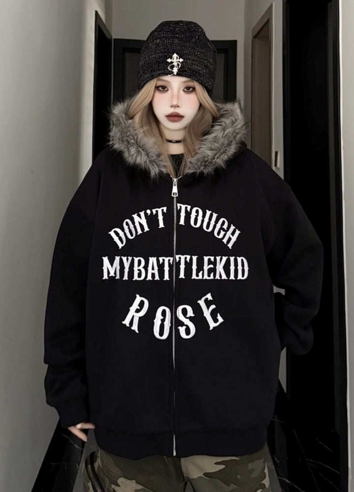 【W3】Fur hoodie design front illustration full zip jacket  WO0090