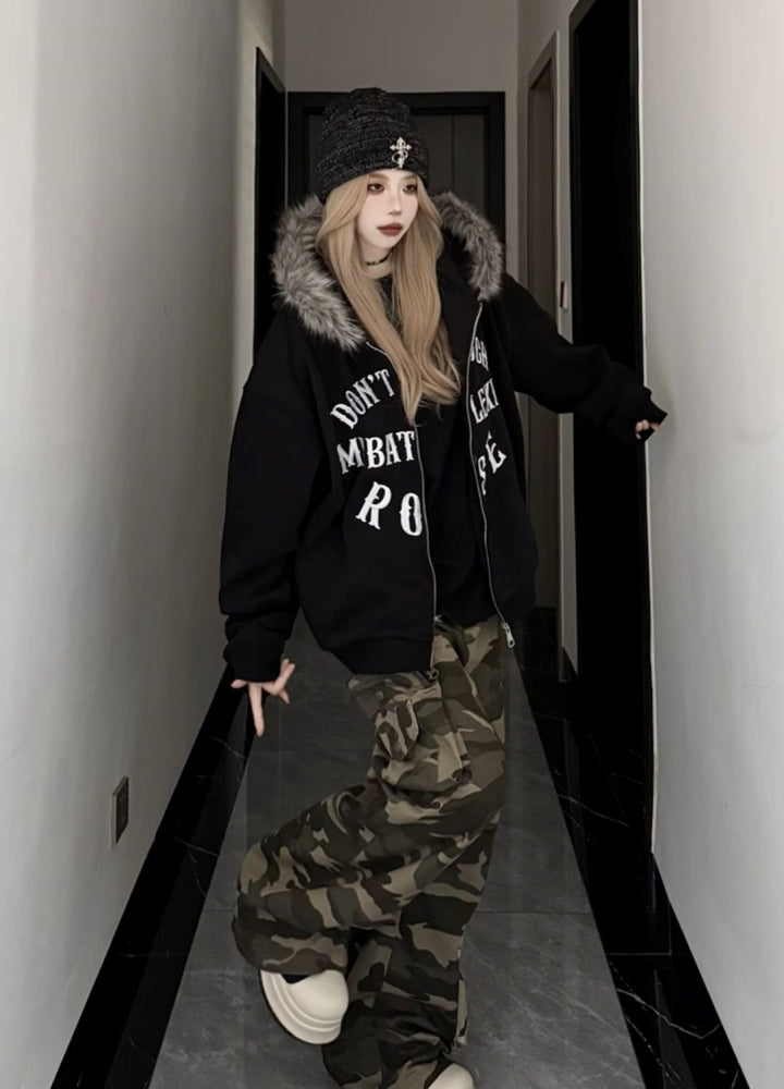 【W3】Fur hoodie design front illustration full zip jacket  WO0090