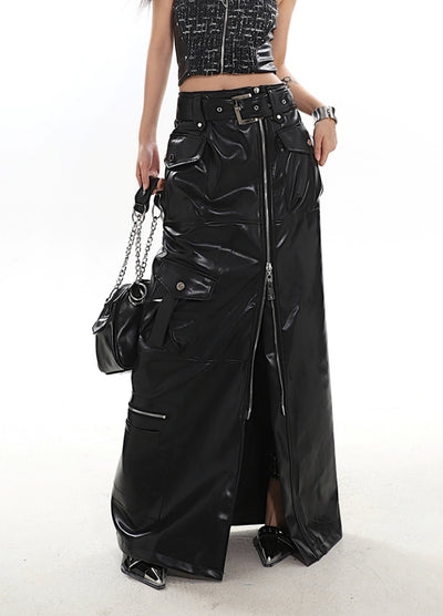 【UNCMHISEX】Full zip gimmick synthetic leather design skirt  UX0037