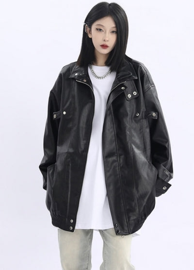 【12/2新作】Black spacey glossy design basic style leather jacket  HL3106