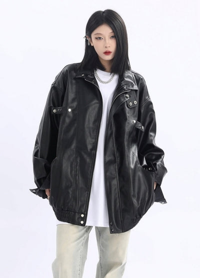 【12/2新作】Black spacey glossy design basic style leather jacket  HL3106