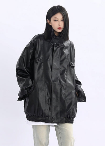 【12/2新作】Black spacey glossy design basic style leather jacket  HL3106