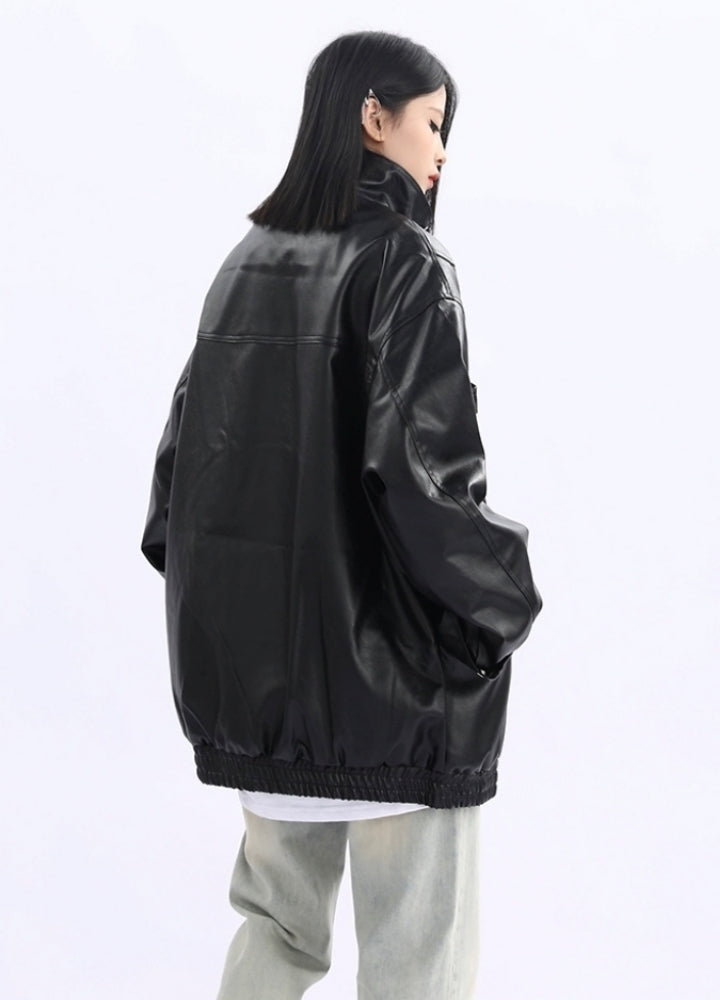 【12/2新作】Black spacey glossy design basic style leather jacket  HL3106