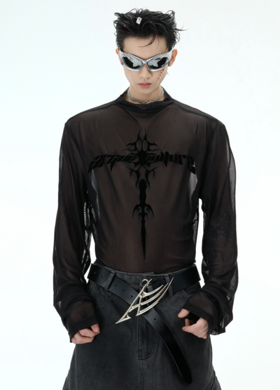 【Culture E】Cross subculture base transparent design tight size mode long sleeve T-shirt  CE0185