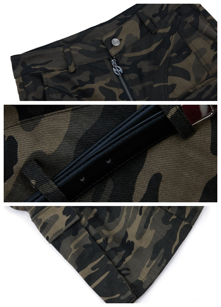 【Culture E】Wide silhouette double belt plus gimmick camouflage cargo pants  CE0164