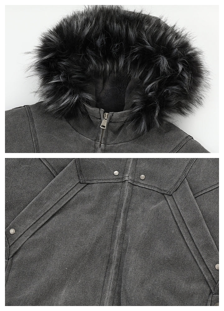 【MR nearly】Fur hoodie design double zip silhouette jacket  MR0149