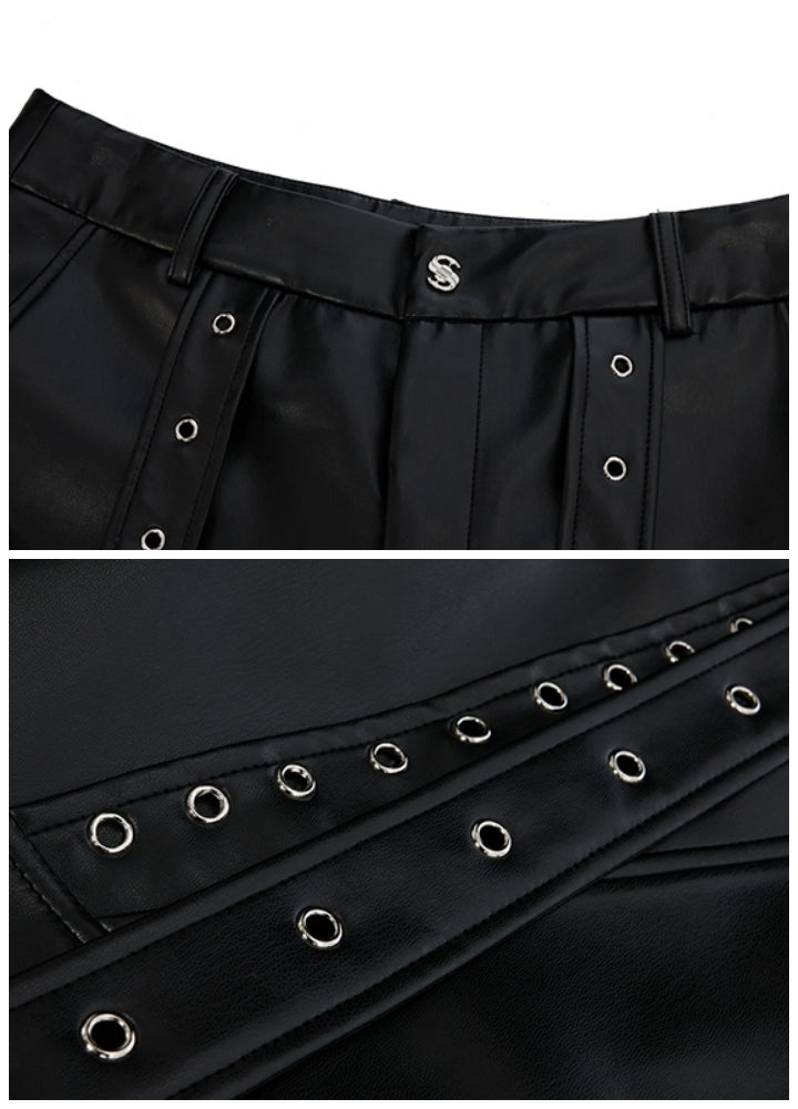 【Culture E】Faux leather belt set design wide pants  CE0180