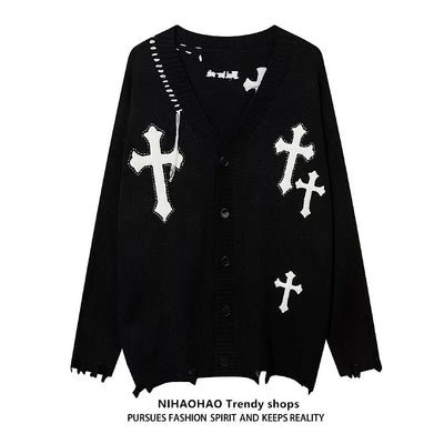 [NIHAOHAO] Crucifix laserstitch damage cardigan NH0008