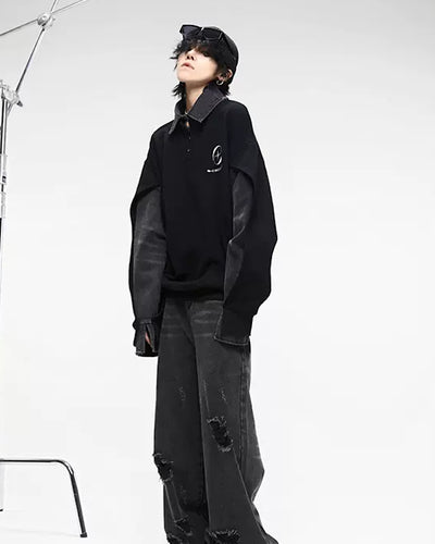 【0-CROWORLD】Black setsleeve shirt knit CR0016