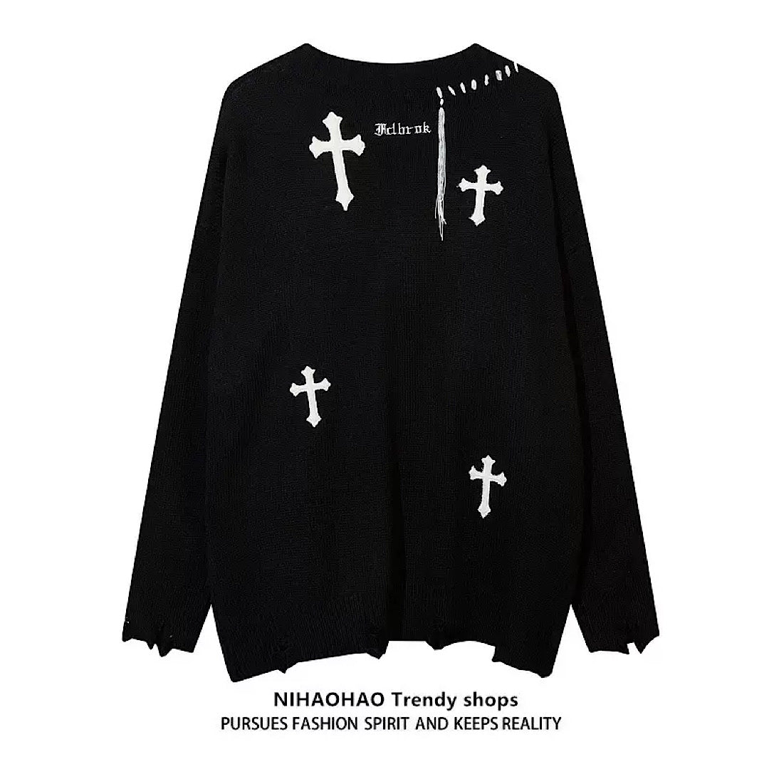 [NIHAOHAO] Crucifix laserstitch damage cardigan NH0008