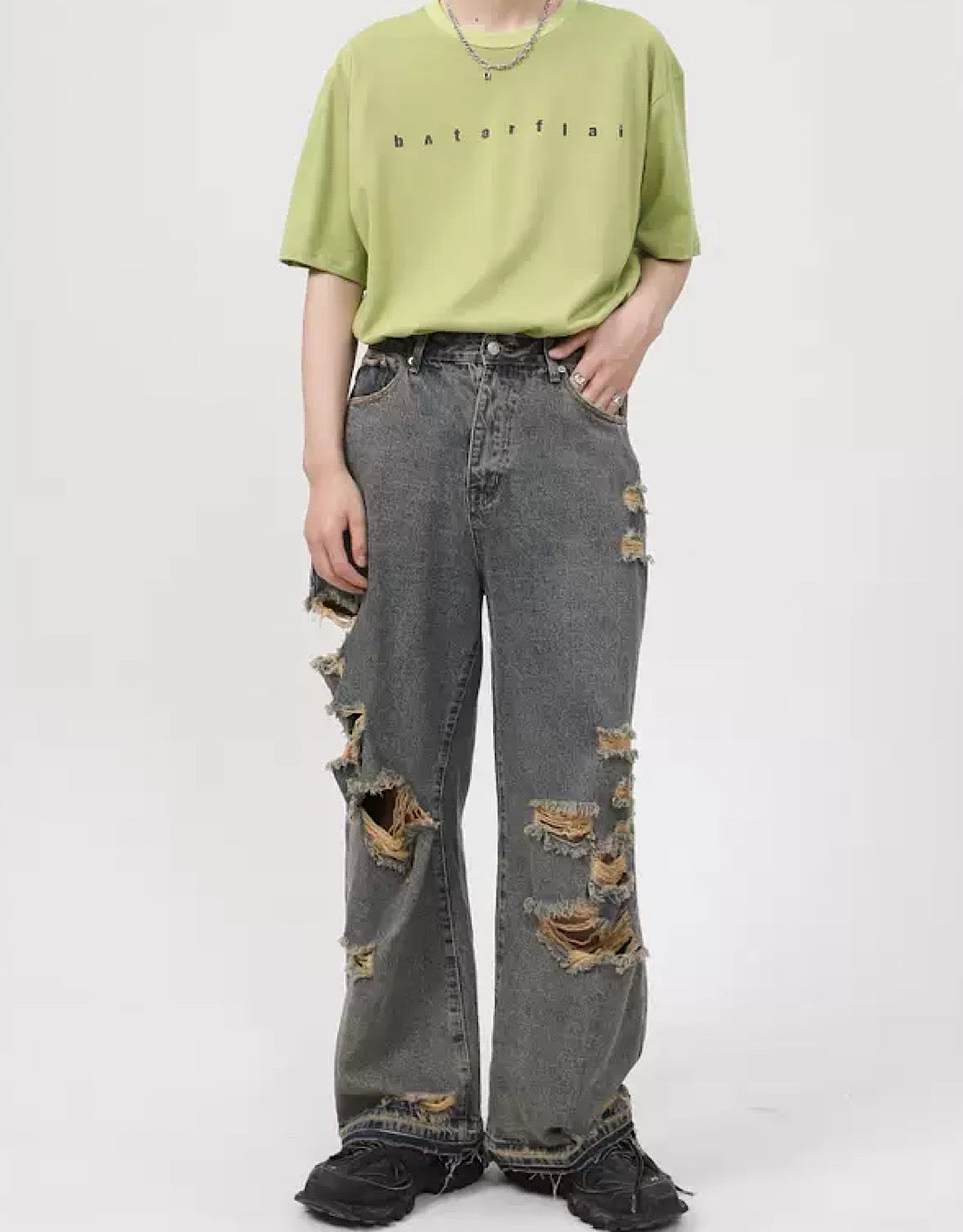 [PLAN1ONE] Dirtyvintage high damage jeans PL0003