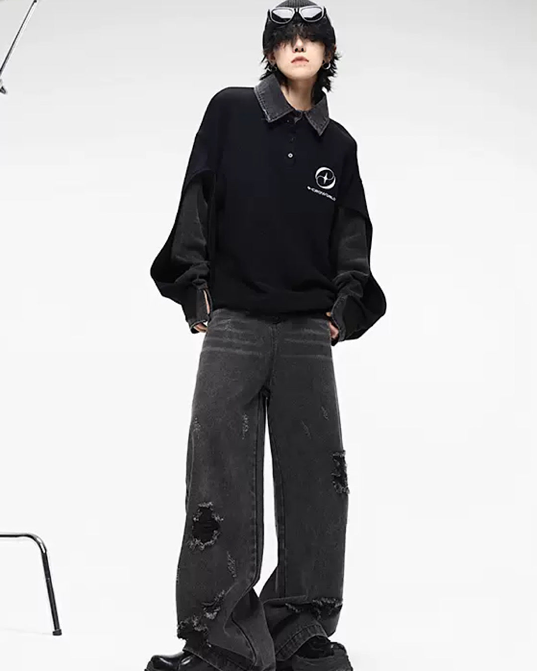 【0-CROWORLD】Black setsleeve shirt knit  CR0016
