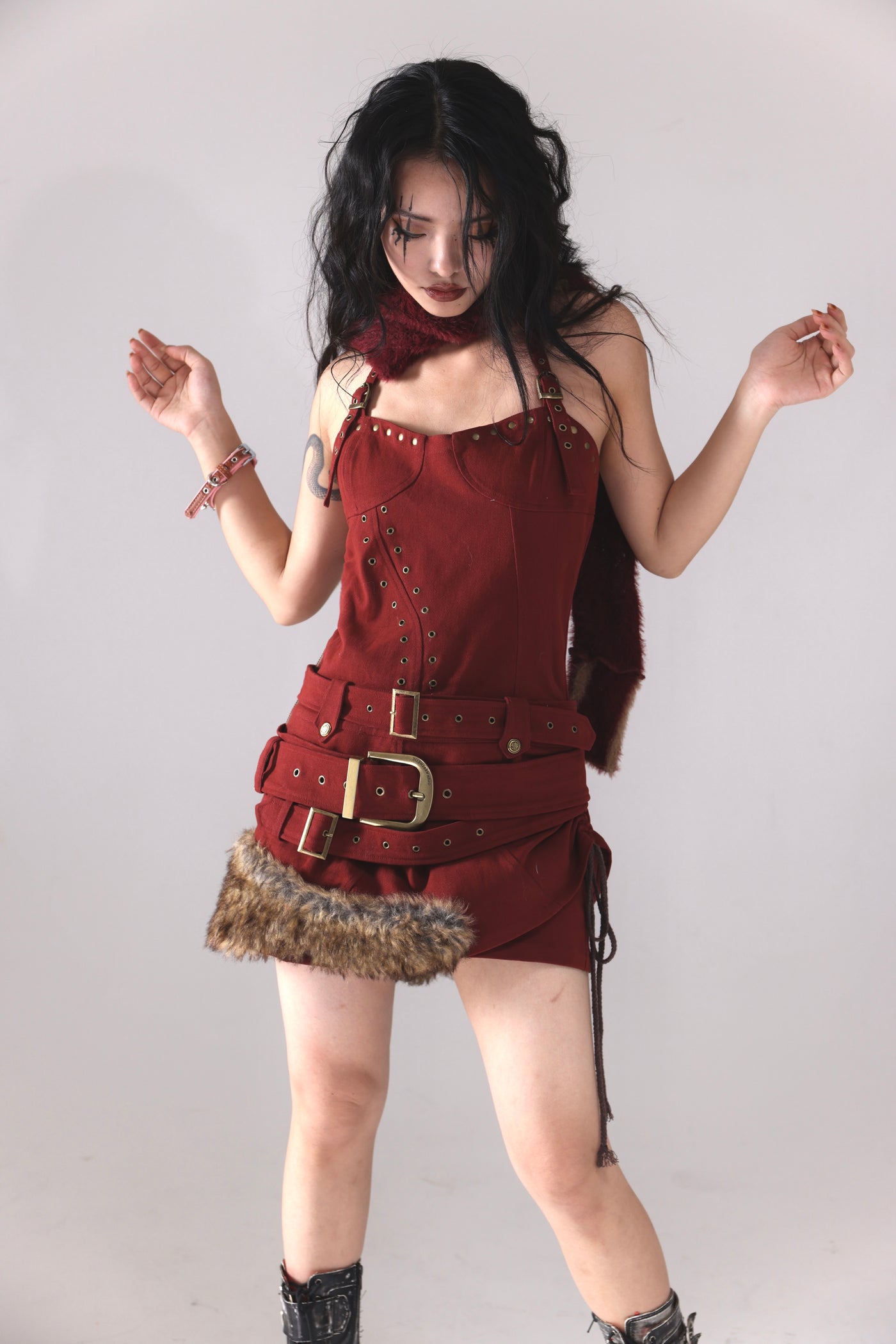【OPEN AESTHETIC】Multiple big belt tight red color dress OA0006