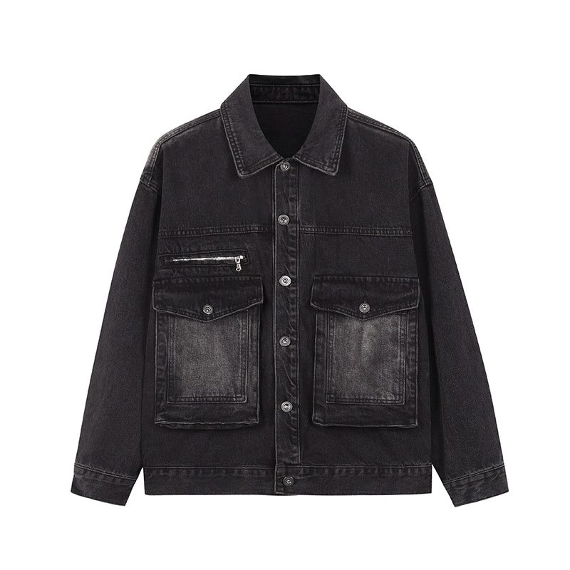 【Jmhomme】Vintage washed simple denim black jacket  JH0007