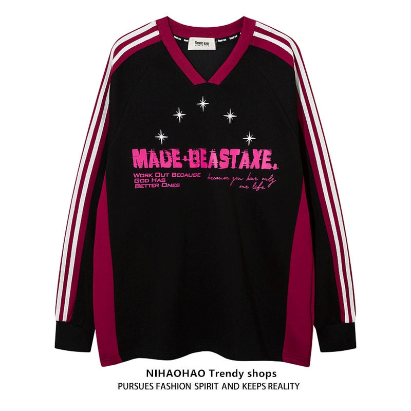 【NIHAOHAO】Sporty glitter casual striped long sleeve T-shirt  NH0056