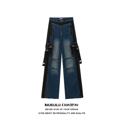 【NIUGULU】Side Black Lane Suspender Two Design Cargo Denim  NG0005