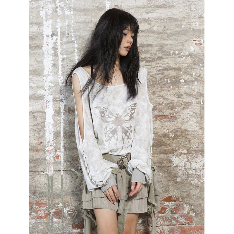【ARIADNAw】Partial lack type butterfly design string T-shirt  AD0004